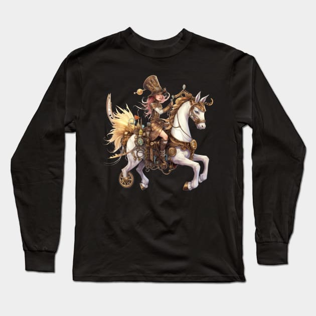 Pink Haired Steampunk Rider: On Her Mechanical Steed Long Sleeve T-Shirt by MerlinArt